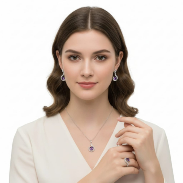 💜 Zarafetin Işıltısı: 925 Ayar Sterlin Gümüş, Ametist Taşlı Takı Seti (Kolye, Küpe, Yüzük)